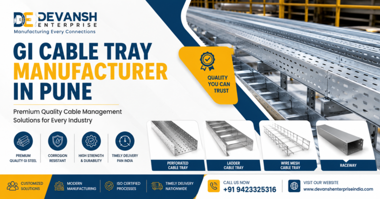 Premium GI Cable Tray Manufacturer in Pune offering perforated cable trays, ladder cable trays, wire mesh cable trays and cable management solutions by Devansh Enterprise.